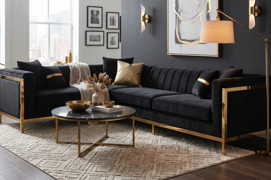 black sofa gold accents