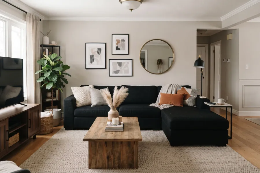 black sofa gray walls