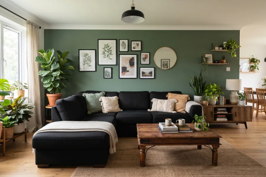 black sofa green wall