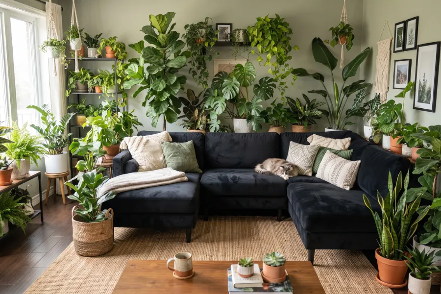 black sofa indoor plants