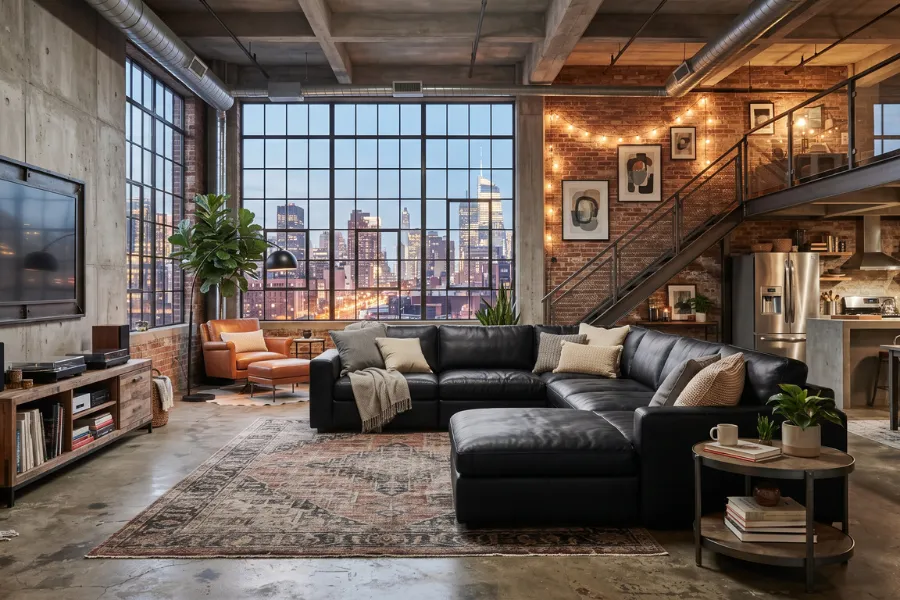 black sofa industrial style