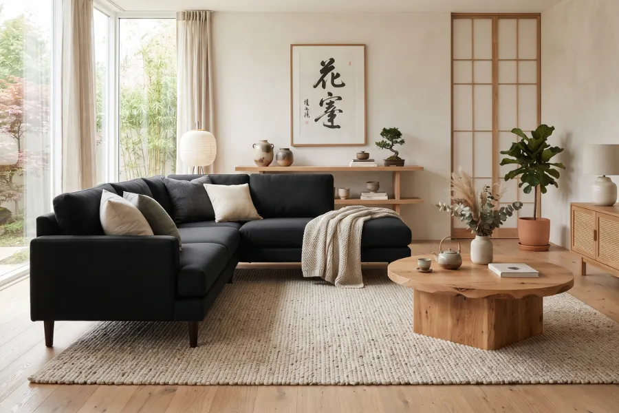 black sofa japandi style