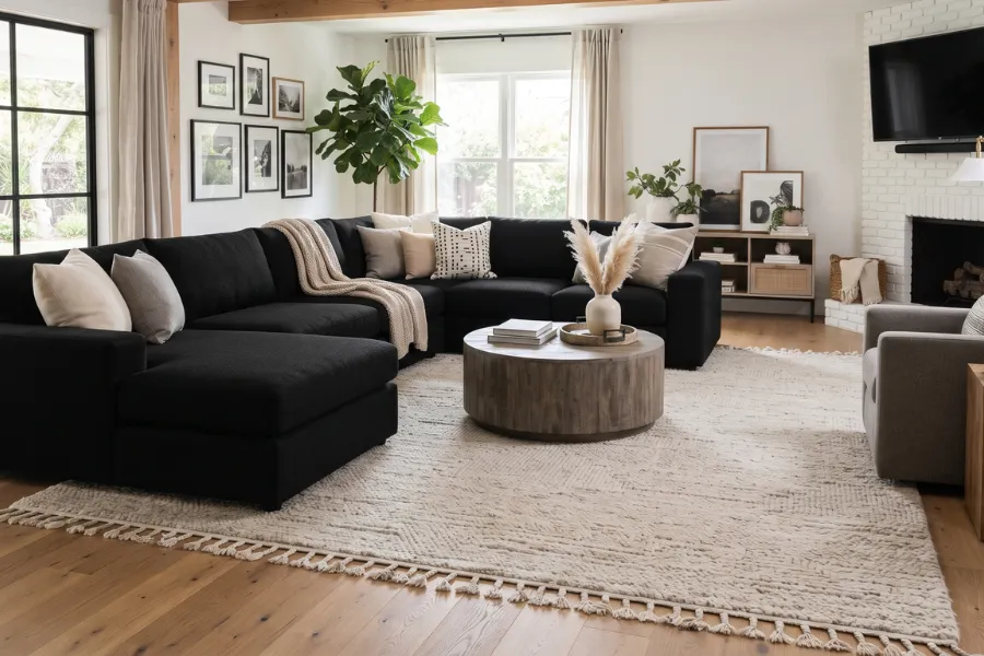 black sofa area rug
