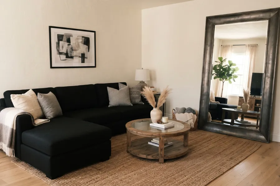 black sofa floor mirror