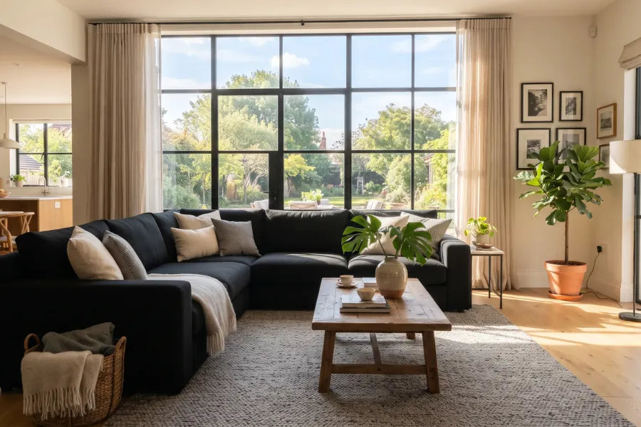 black sofa large windows