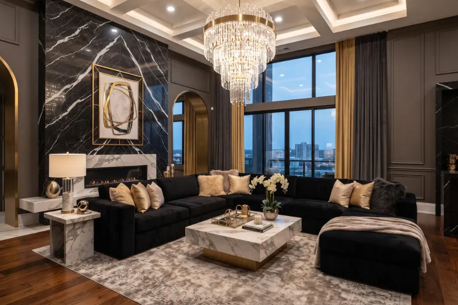 black sofa luxury decor