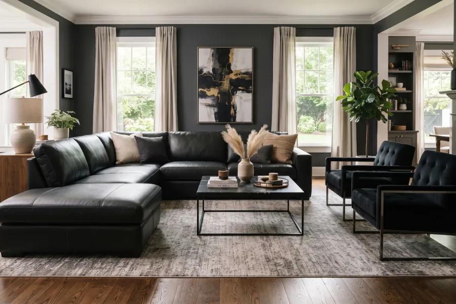 black sofa black chairs