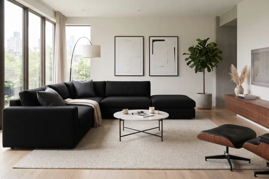 black sofa minimalist decor