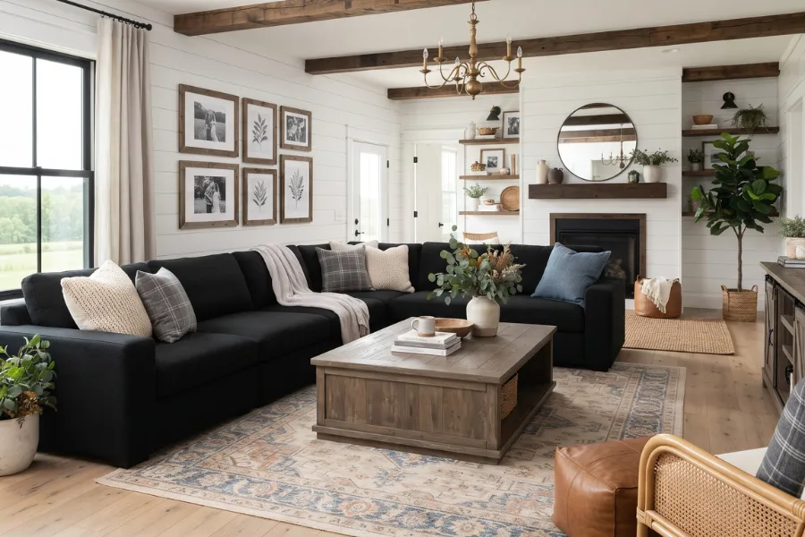black sofa farmhouse decor