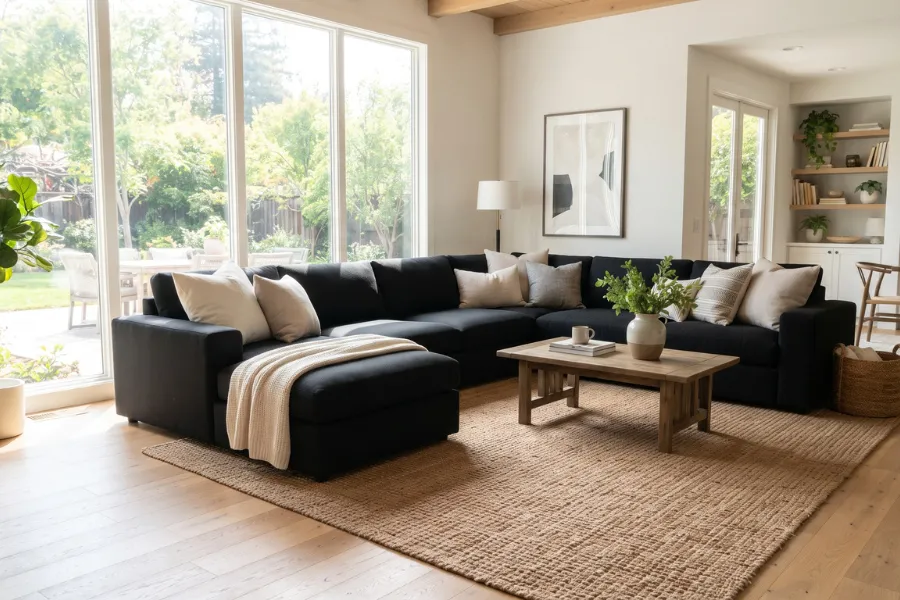 black sofa natural light