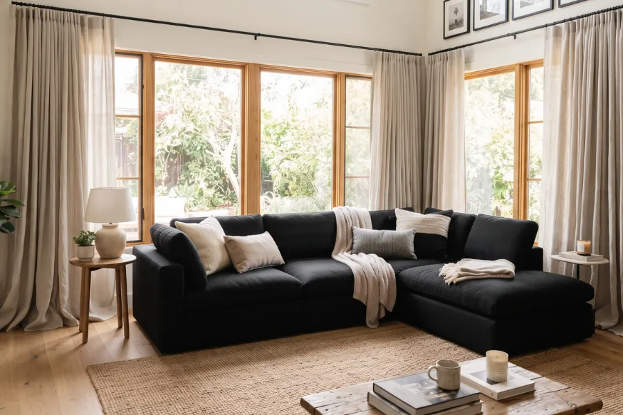 black sofa neutral curtains