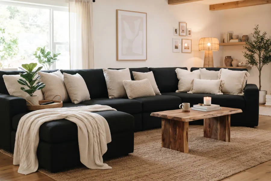 black sofa neutral cushions