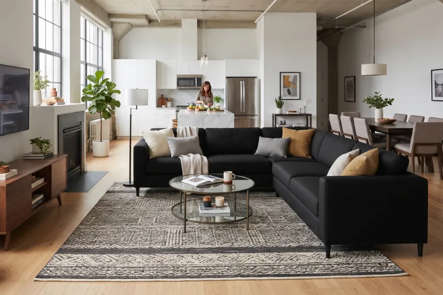 black sofa open plan