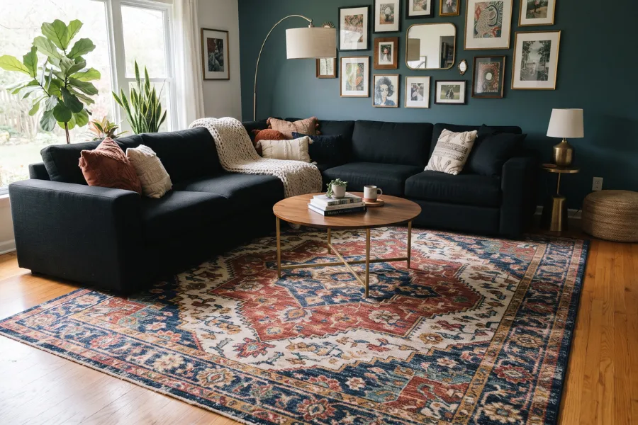 black sofa patterned rug