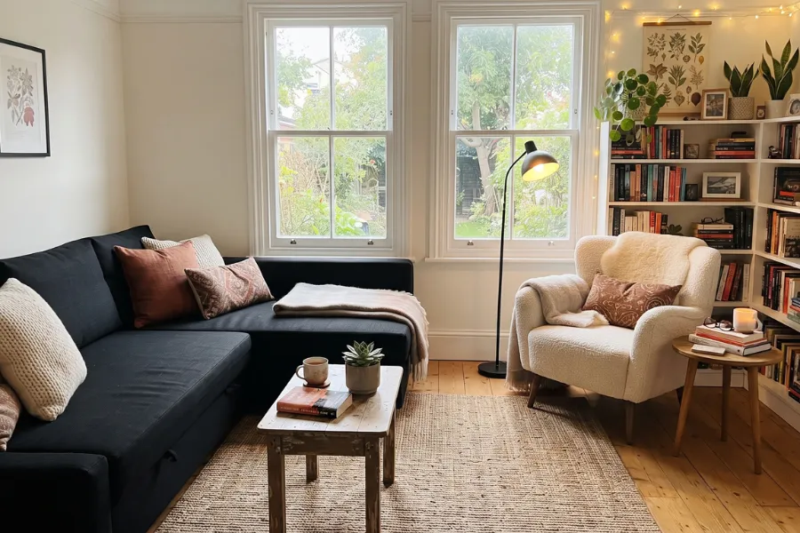 black sofa reading corner