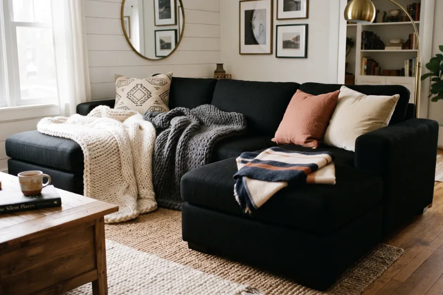 black sofa soft blankets