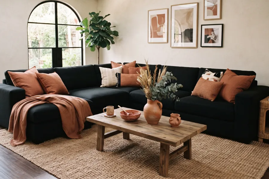 black sofa terracotta accents