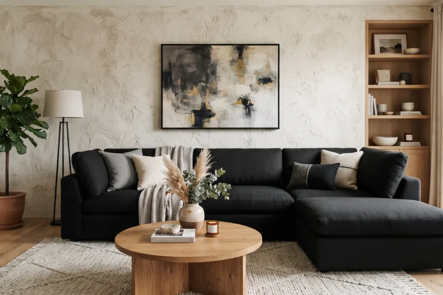 black sofa textured wall
