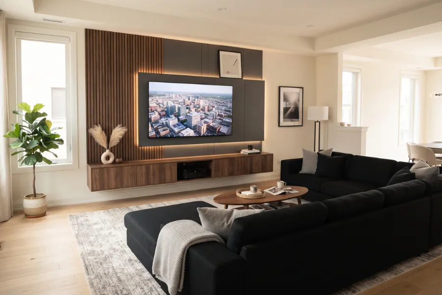 black sofa tv wall