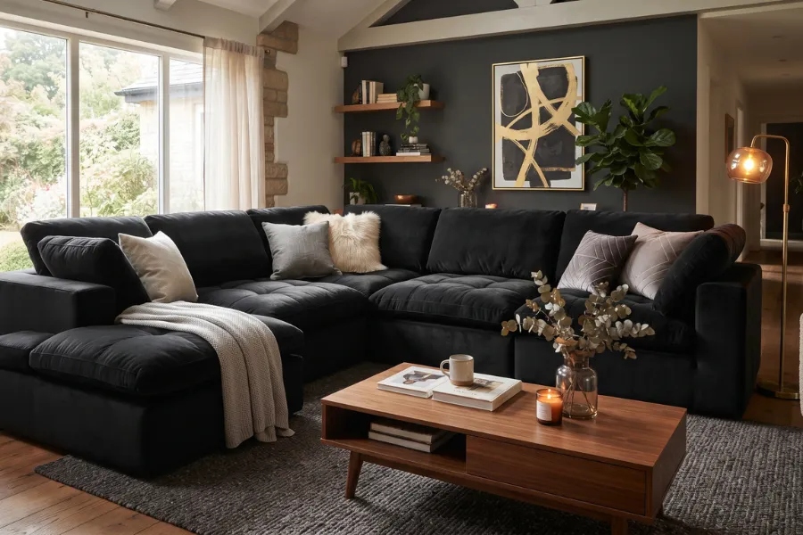 black sofa velvet accents