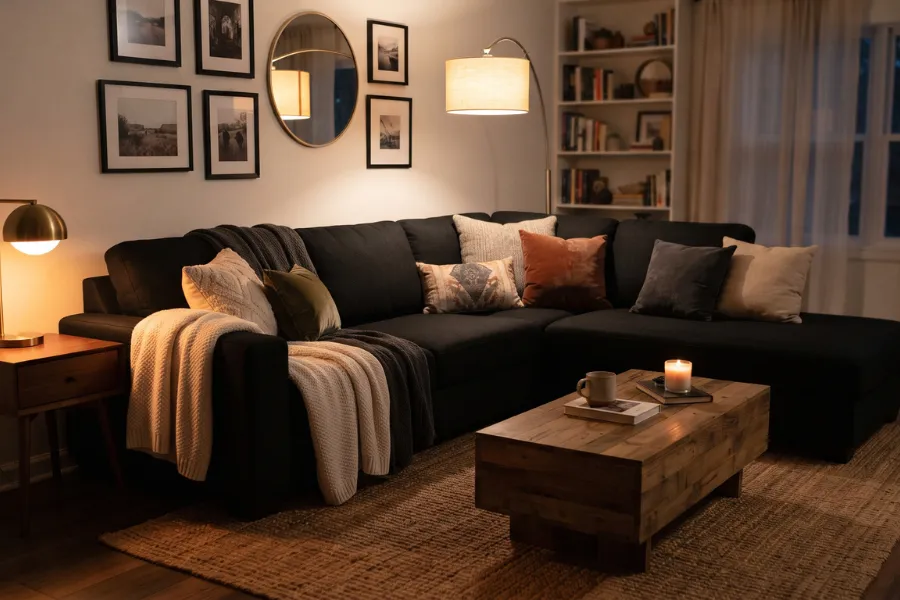 black sofa warm lighting