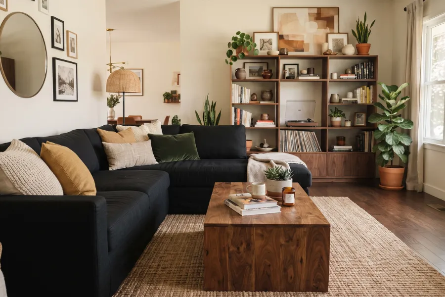 black sofa wood accents