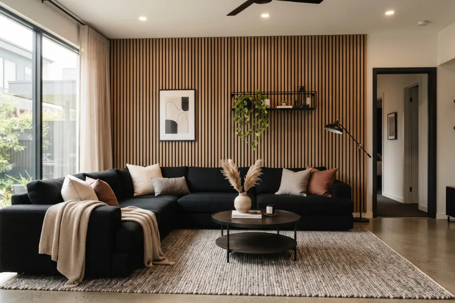 black sofa slat wall