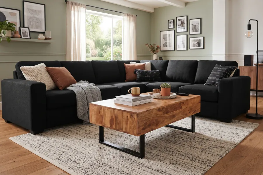 black sofa wood table