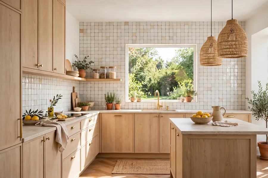 White zellige tile backsplash with light wood cabinets — modern kitchen backsplash ideas