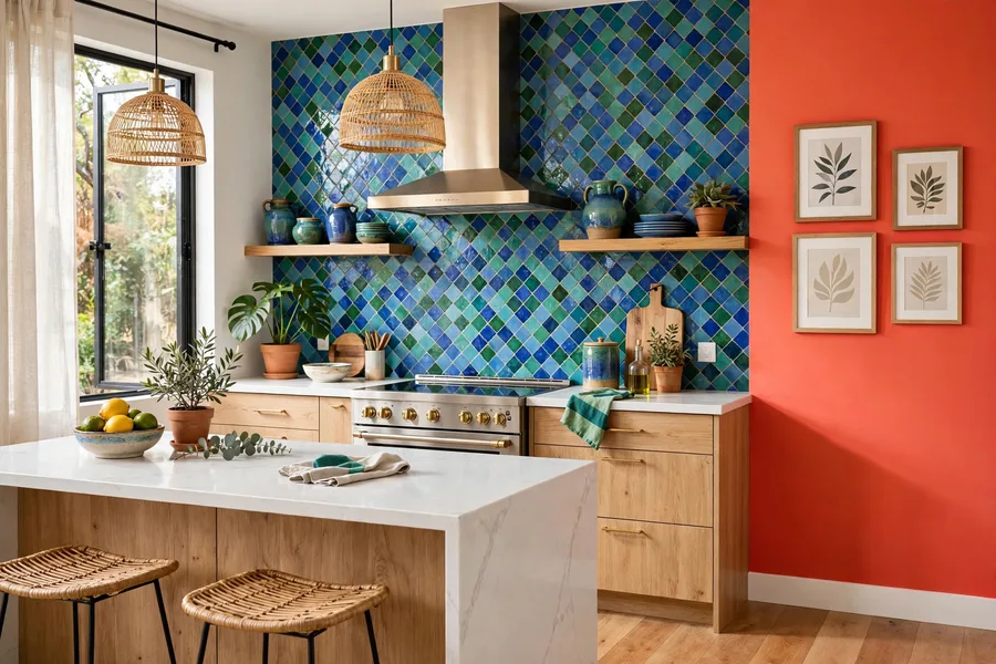 Colorful blue and green zellige tile backsplash — modern kitchen backsplash ideas