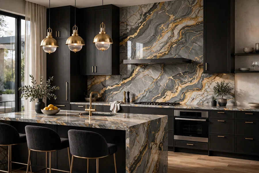 Marble slab backsplash with dramatic natural veining — modern kitchen backsplash ideas