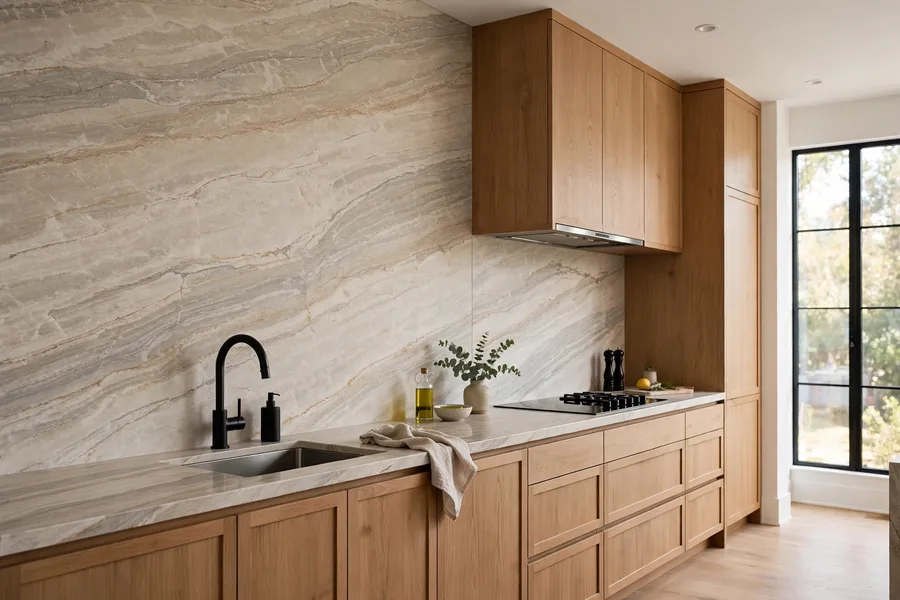 Continuous stone slab backsplash running from countertop up the wall — modern kitchen backsplash ideas