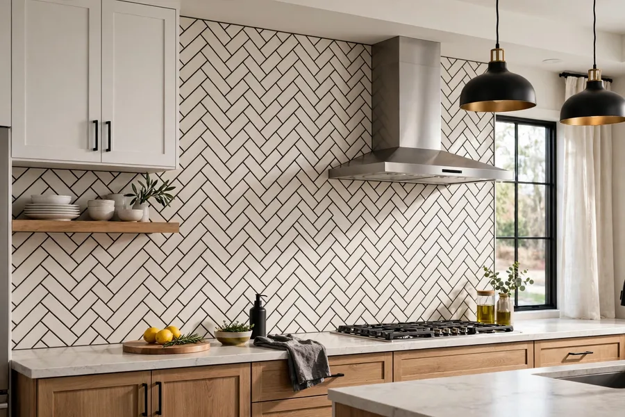 Herringbone tile backsplash with contrasting grout — modern kitchen backsplash ideas