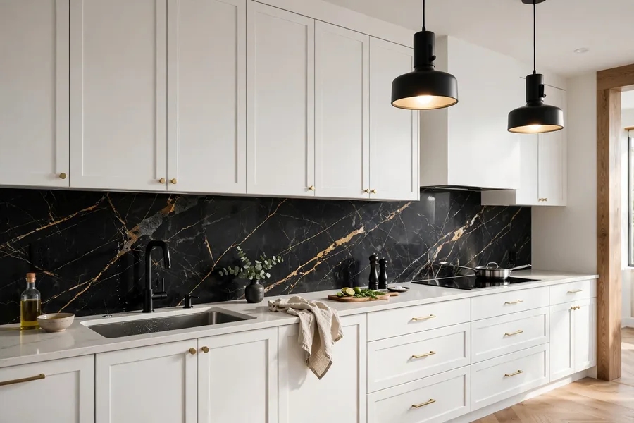 High-contrast backsplash against white kitchen cabinets — modern kitchen backsplash ideas