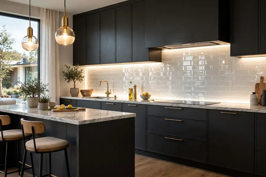 Light luminous backsplash paired with dark kitchen cabinets — modern kitchen backsplash ideas