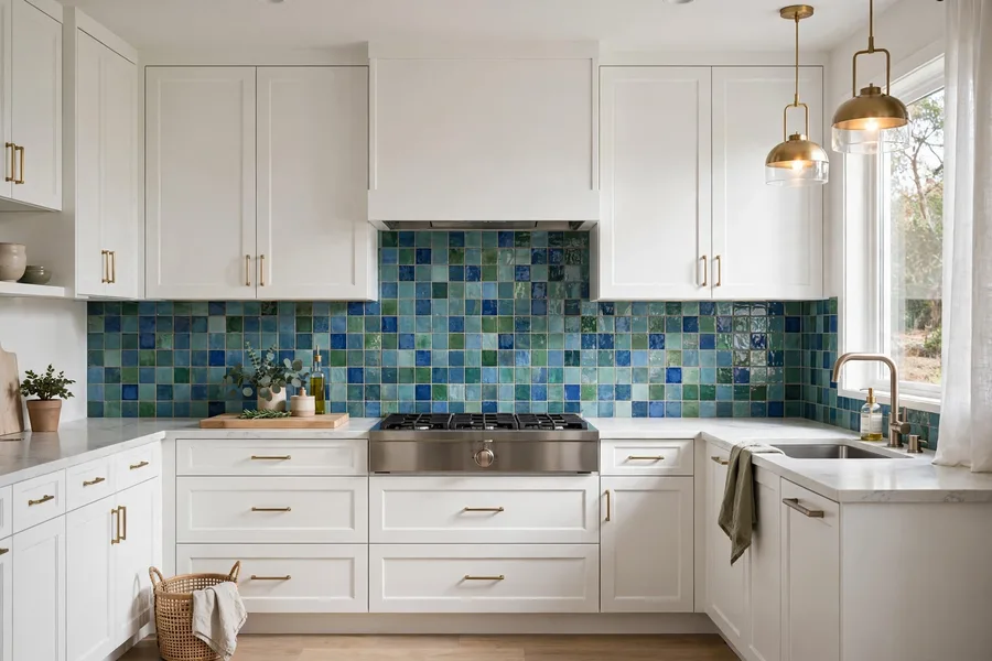 Blue and green tile kitchen backsplash — modern kitchen backsplash ideas