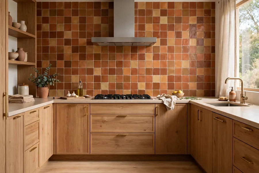 Terracotta tile backsplash with warm earthy tones — modern kitchen backsplash ideas
