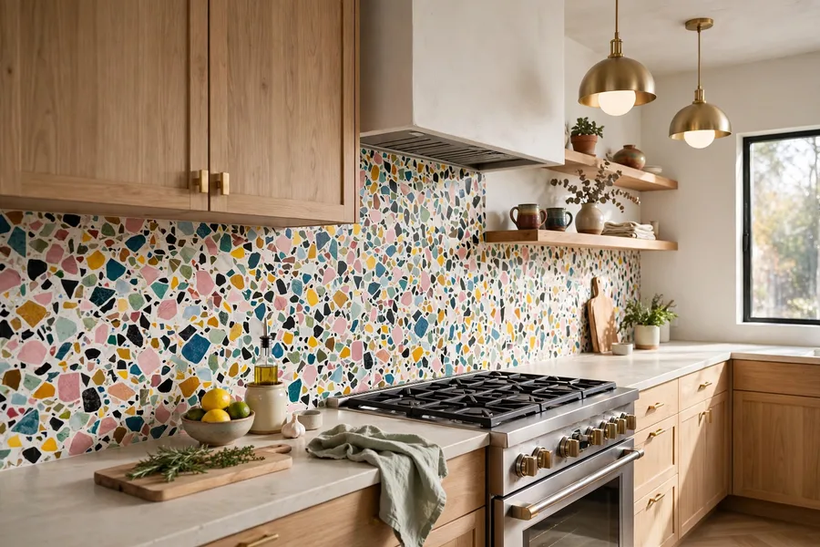 Terrazzo backsplash with colorful stone chips — modern kitchen backsplash ideas