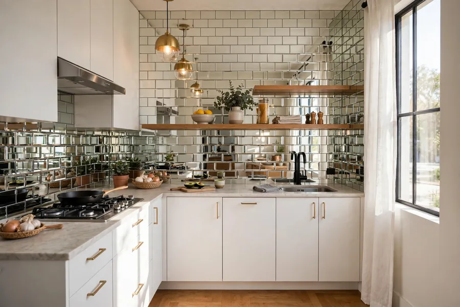 Mirrored backsplash reflecting kitchen light — modern kitchen backsplash ideas