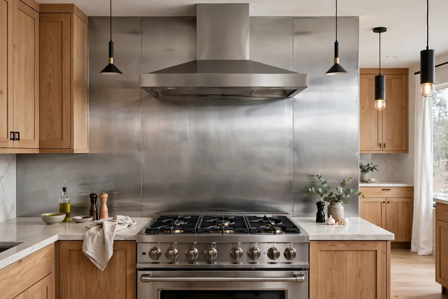 Brushed stainless steel backsplash behind the range — modern kitchen backsplash ideas