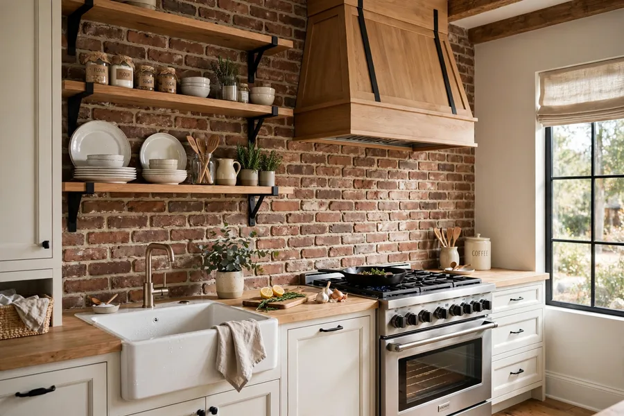 Exposed brick backsplash in a modern kitchen — modern kitchen backsplash ideas