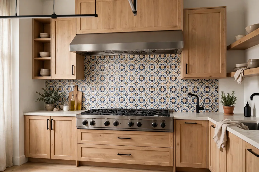 Statement backsplash behind the stove and range hood — modern kitchen backsplash ideas