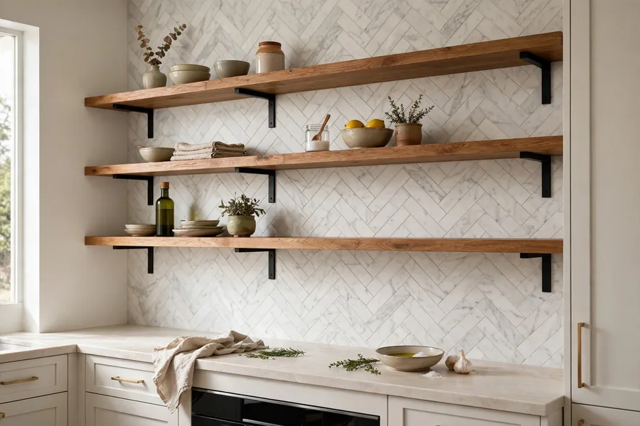 Kitchen backsplash extended behind open shelving — modern kitchen backsplash ideas