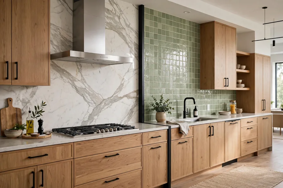Mixed-material two-tone kitchen backsplash — modern kitchen backsplash ideas