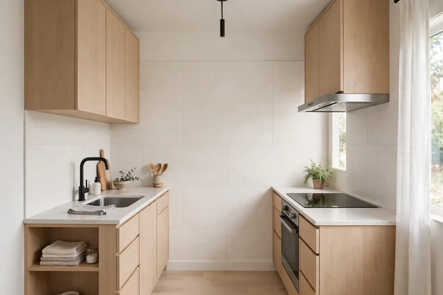 Light-colored backsplash with minimal grout lines for a small kitchen — modern kitchen backsplash ideas
