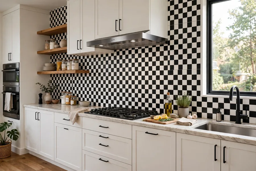 Black and white checkerboard tile backsplash — modern kitchen backsplash ideas
