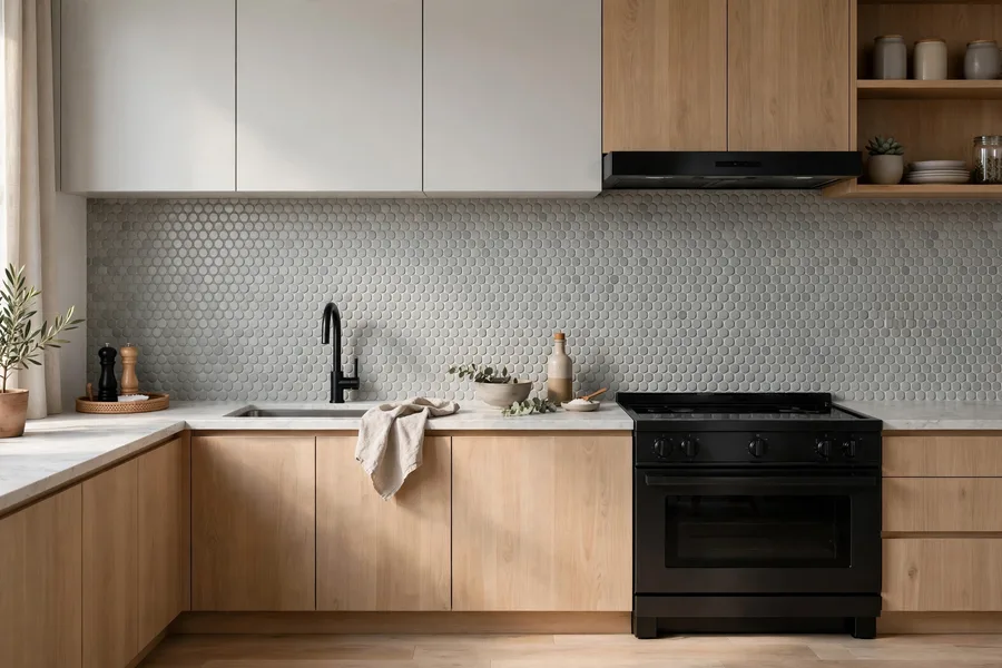 Penny round mosaic tile backsplash — modern kitchen backsplash ideas