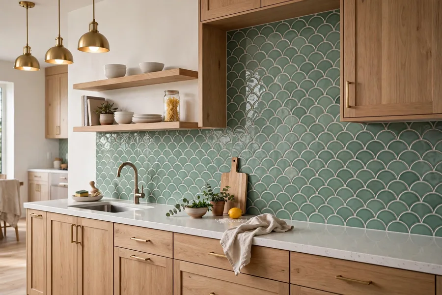 Fish scale scallop tile backsplash — modern kitchen backsplash ideas