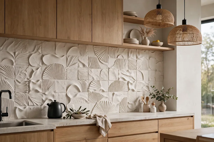 Three-dimensional sculptural tile backsplash — modern kitchen backsplash ideas