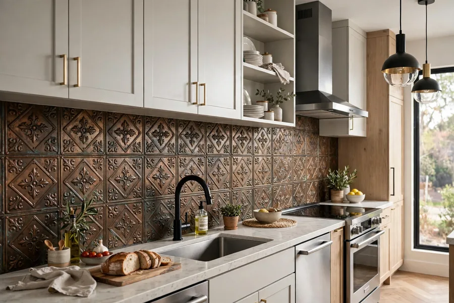 Pressed tin tile backsplash with vintage pattern — modern kitchen backsplash ideas